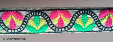 Gold Shimmer Fabric Trim With Yellow, Green, Pink And Black Floral Embroidery